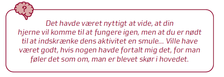 Citat: Det havde v&aelig;ret nyttigt at vide, at din hjerne vil komme til a fungere igen, men at du er n&oslash;dt til at indskr&aelig;nke dens aktivitet en smugle....Ville have v&aelig;ret godt, hvis nogle havde fortalt mig det, for man f&oslash;ler det som om, man er blevet sk&oslash;r i hovedet.